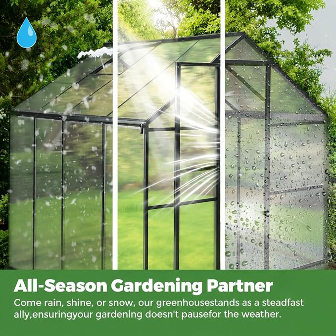 6x8FT Greenhouse, Plant Gardening Green Houses for Outside Heavy Duty with Aluminum Frame,Walk-in Outdoor Greenhouse, Polycarbonate Greenhouse, Quick Setup,Vented Roof Window, Charcoal Gray