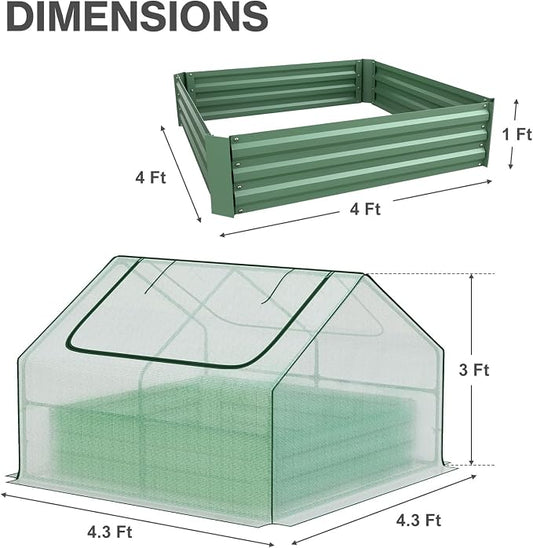 Aoodor 4 x 4 x 1 ft Galvanized Raised Garden Bed, Mini Greenhouse Kit with 2 Roll-up Zipper Doors for Vegetables, Flowers, and Herbs, White