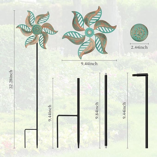 2 Pack Wind Spinners Outdoor Metal Vintage Green, Waterproof Wind Sculptures Garden Pinwheels & Decorative Stakes, Small Windmills for Yard Lawn Patio Outdoor Garden Decor (Type 36)