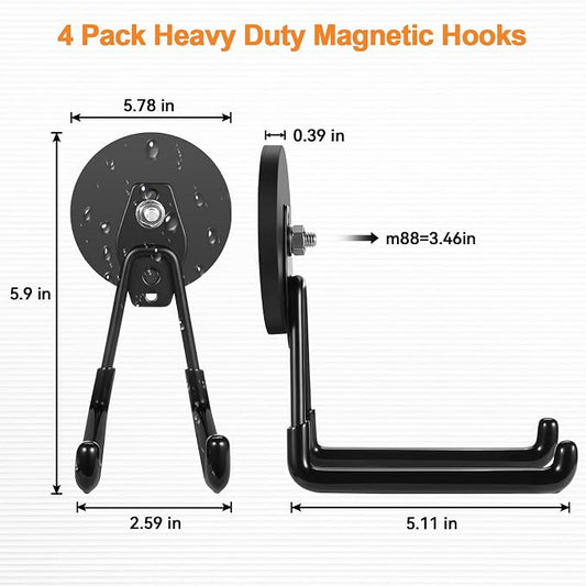 ENUODA Magnetic Hooks Heavy Duty Rare Earth Magnets with Hooks Large Magnetic Tool Holder for Hanging Garden Tools, Drills, Shovels, Brooms, Hoses, Extension Cord, Garage Organization, 4PCS