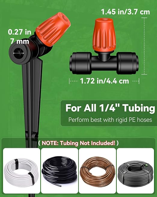 Pawfly 60 Pcs Push-to-Fit Drip Irrigation Spray Emitters with Adjustable 360 Degree Water Flow, Irrigation Drippers with End Plugs, Tee Misting Atomizing Nozzles Micro Sprayers for 1/4 Inch Tubing