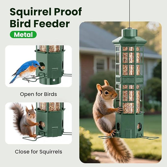 Squirrel Proof Bird Feeder, Chew-Resistant Metal Hanging Bird Feeder for Outdoors Gravity Spring Mechanism, 3 Feeding Ports, 3LB Large Capacity, Weatherproof Design for Wild Birds