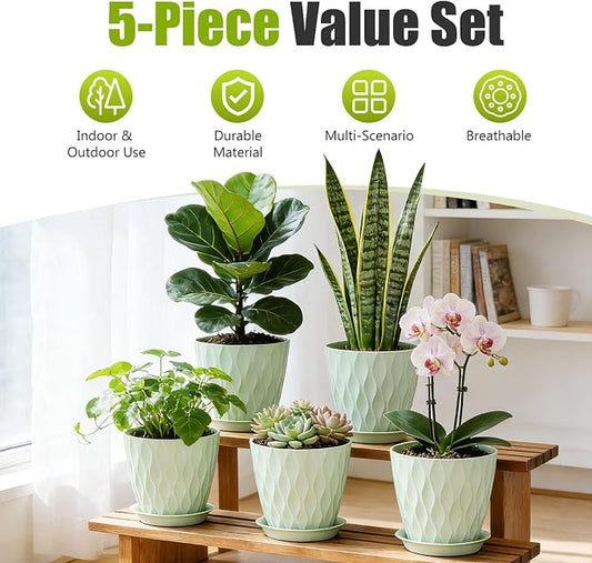 8 Inch Plastic Plant Pots,Set of 5 Flower Pots,Planters with Drainage Holes & Saucers, Indoor Outdoor Garden Pots for Home Decor(Green)