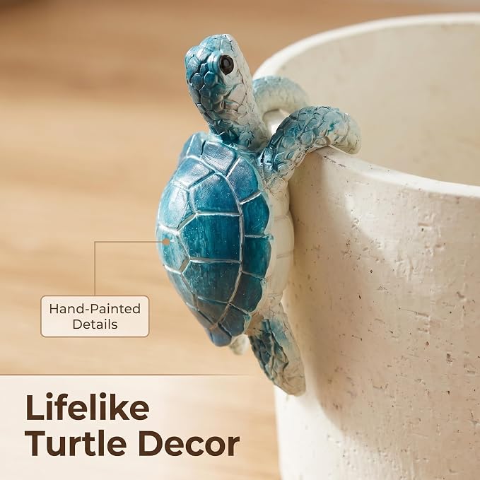 Ceramic Plant Pot with Resin Climbing Tortoise Figure, 5.75 Inch,White | Drainage Hole and Saucer, Cylinder Shape, Indoor Use, Home Garden