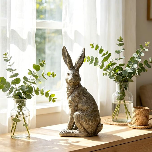 DiliComing Outdoor Rabbit Garden Statue - 12 Inch Large Easter Bunny Decor Grey Resin Animal Sculpture for Home Lawn Yard Decorations Womens Gifts