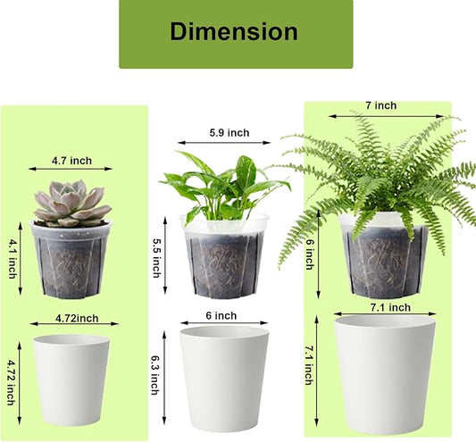 4 Pack of 7in and 5in Double-Layer Self-Watering Pot with Clear Nursery Pot - Indoor Planter with Drainage for Root Visibility,semi Hydro pots for repotting Orchids,Aroid or Monstera,White
