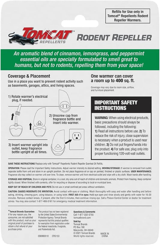 Tomcat Repellents Rodent Repeller Refill Pack, 2 Refills | Indoor Plug-In Refills with Lemongrass, Cinnamon, and Peppermint Oil Natural Essential Oil Blend, Repels Rats and Mice