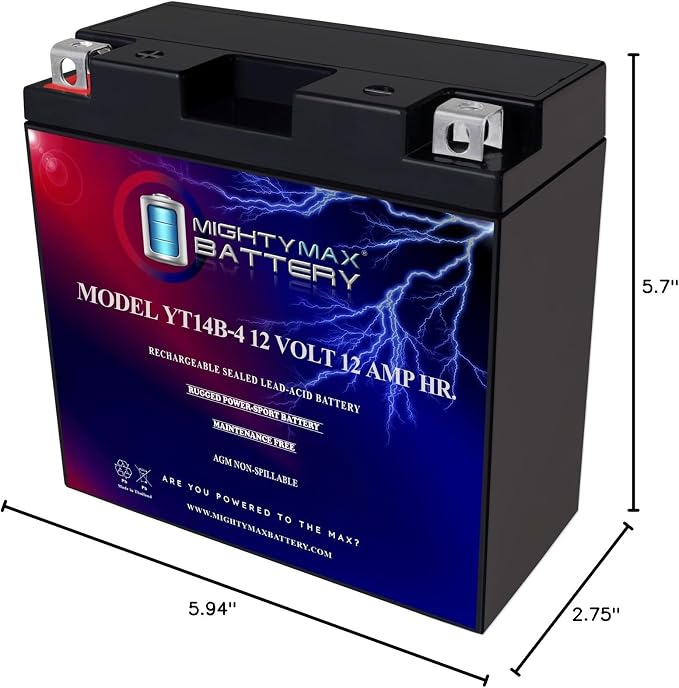 Mighty Max Battery YT14B-4-12 Volt 12 AH, 115 CCA, Rechargeable Maintenance Free SLA AGM Motorcycle Battery