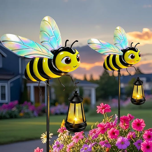 EDOF 32.28in Metal Bee Garden Stakes with Solar Lights Outdoor Decorative | Solar Lights Waterproof Bee Garden Decor for Yard Art Outside Patio Porch Lawn,Birthday Gifts for Women Mom
