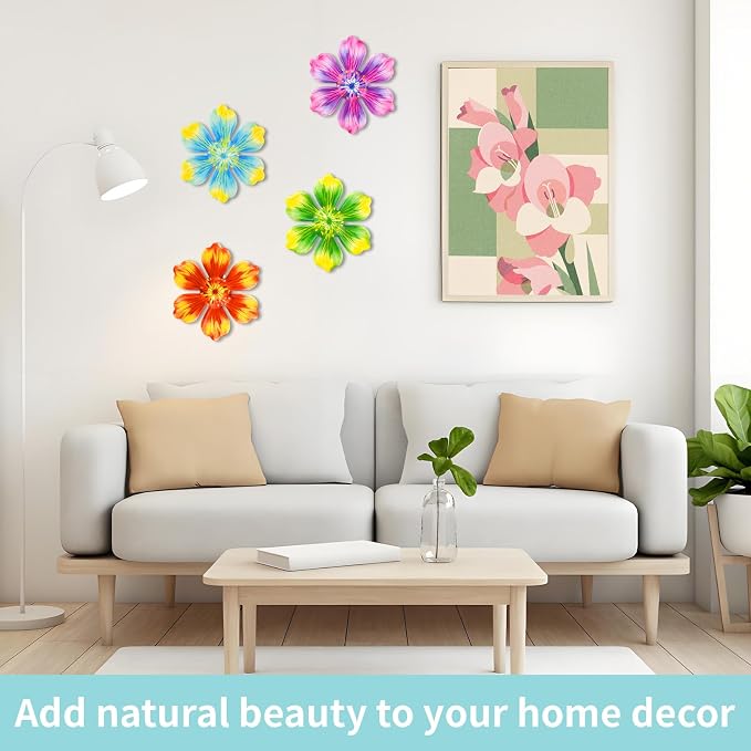 Junware 4Pcs Metal Flower Decor, 6.2" Outddoor Metal Wall Art Hanging Decoration for Garden Fence Yard Living Room Patio Backyard, Metal Flowers for Outside