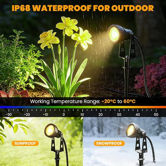 FOOMAN 6-Pack Spot Lights Outdoor, Low Voltage Landscape Lighting, LED Pathway Lights with Transformer, IP68 Waterproof Warm White Spotlight for Yard Garden Flags House Lawn Tree