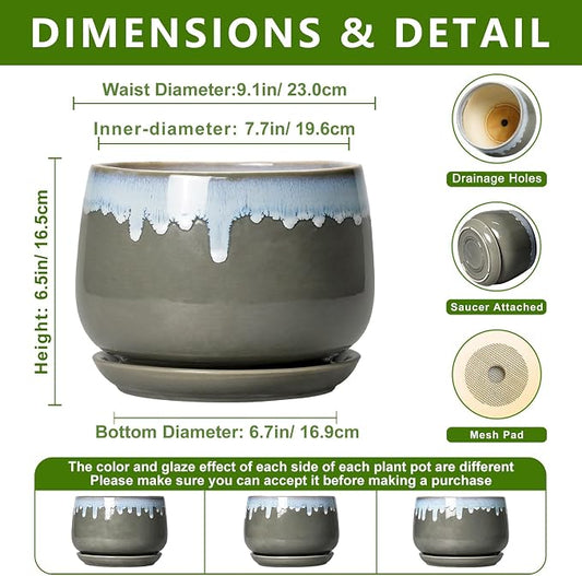 Ceramic Flower Pots - 9 Inch Planters for Indoor Plants, Indoor Planter with Drainage and Saucer, Round Decorative Plant Pots for Plants, Porch Home Decor, Grey-Blue