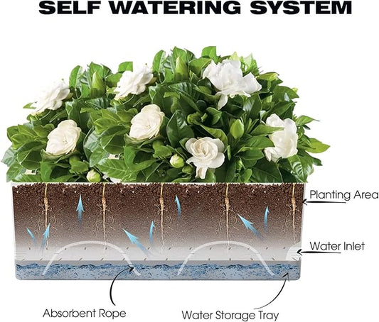 Self Watering Planters Pots for Indoor Plants, 7 Pack Plastic Planter Box Flower Pots for Indoor Outdoor Plants, Rectangle Herb Planter Window Boxes Planterswith Drainage, Light Gray Tray