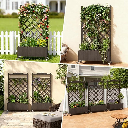 COMHOMA 2 Pack Planter Box with Trellis and Wheels, 48In Elevated Raised Garden Bed, Drainage Holes, Outdoor Lattice for Climbing Flowers, Vegetables, Patio Balcony, Brown