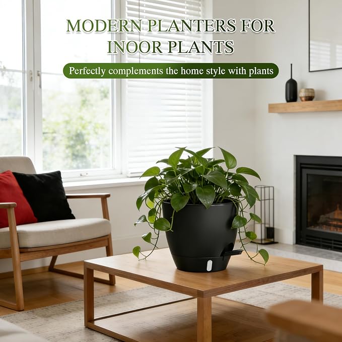 Self Watering Pots with Drainage Holes, 2 Pack 10 Inch Plant Pots with Water Level Indicator Deep Reservoir, Large Plastic Planter for Indoor Outdoor Plants - Black