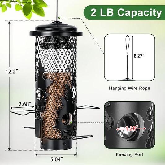 Gbekery Squirrel Proof Bird Feeders for Outdoors Hanging, Black | Metal Wild Bird Feeders for Small Birds with Weight Activated Perches, Weatherproof and Durable, Perfect for Backyard Garden