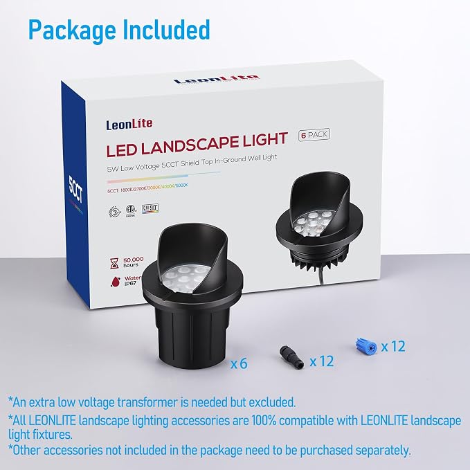 LEONLITE 6-Pack Dia.4 Inch 5CCT Well Lights Shielded Top Black | 1800K/2700K/3500K/4000K/5000K, 12-24V AC/DC, CRI90, Landscape LED In Ground Outdoor, Low Voltage Garden Landscaping, Aluminum