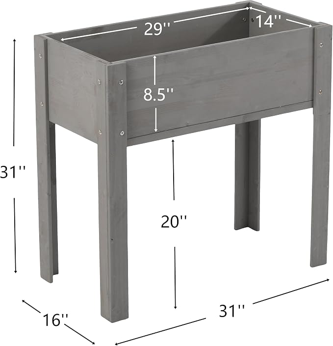 Raised Garden Bed with Legs Elevated Wooden Planter Box for Backyard Patio Balcony Deep Grow Box for Vegetables Flowers Fruits & Herbs (Grey, 31x31x16in)