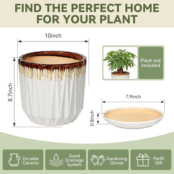 10 Inch Ceramic Planter Pot with Saucer Drainage Leak-Proof Mesh,Flower Pots for Indoor Plants with Gardening Gloves,Ceramic Planter(Linen White)