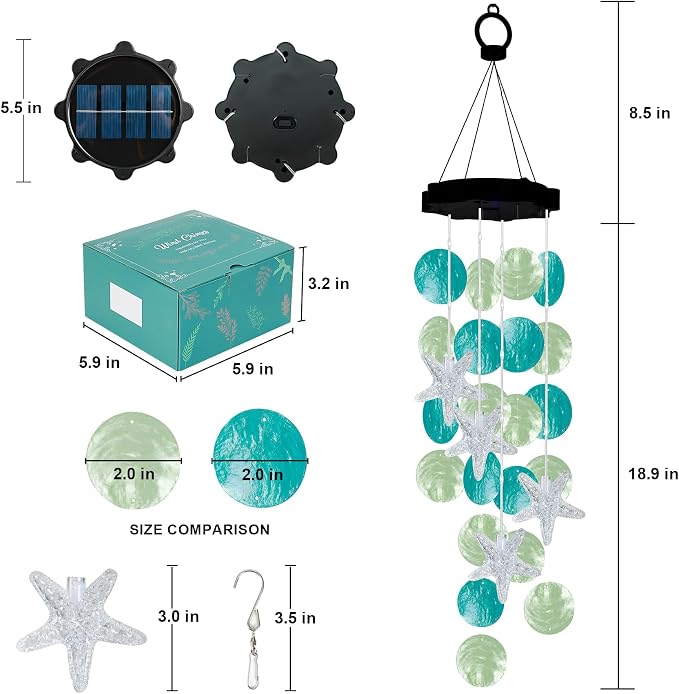 (New) Gift for Women Wife Sister Grandma Mom, Solar Wind Chimes, 2 Modes Natural Shells Outdoor Wind Chime for Garden Yard Window Decor - Blue&Green