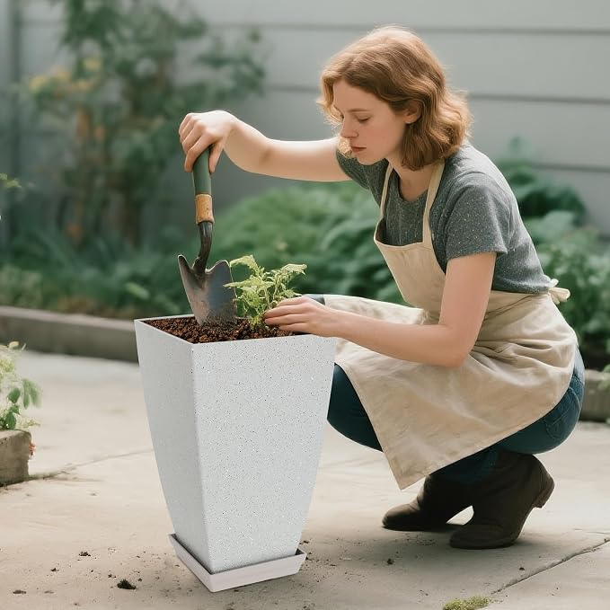 Neoaider Set of 2 Tall Planter, 21 inch Large Plastic Planter, Bluish Gray | Ceramic-Look, Lightweight, Built-in Drain Hole, Saucers, Tall Outdoor Planter for Porch, Garden, Patio, Balcony