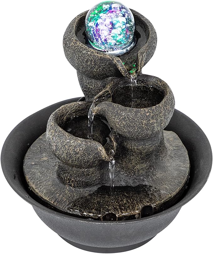 Ferrisland Indoor Tabletop Water Fountain, Desktop & Table Waterfall Fountains, Relaxation Fengshui Home Decor with LED Light for Home Office Bedroom House Warming Gift Idea (Three Stairs)