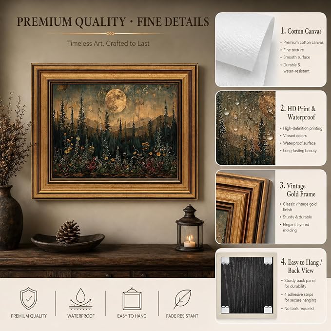 Devunaty Gold Framed Vintage Forest Full Moon Wall Art, Moonlit Pine Tree Wall Decor Paintings,Wildflowers and Mountains Rustic Woodland Nature Landscape Picture Canvas Print for Living Room 12"x16"