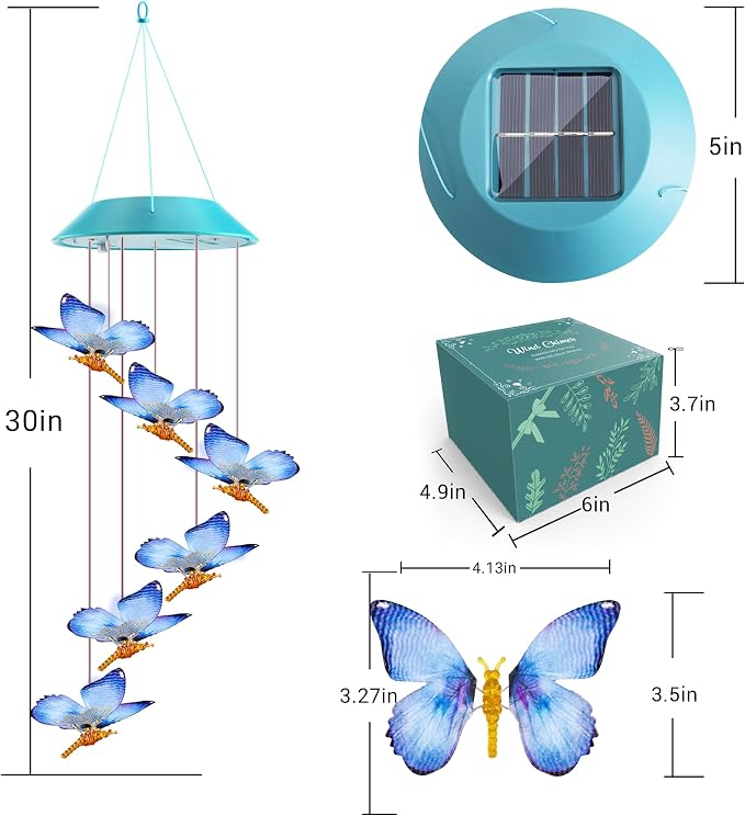 Toodour Solar Wind Chime, Color Changing LED Swaying Butterfly Wind Chimes, Upgrade Butterfly with Fluttering Wings, Waterproof Solar Outdoor Light Decor for Garden Window Patio, Gift for Mom Grandma