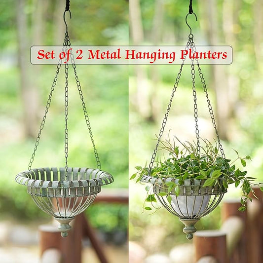 Set of 2 Metal Hanging Planters,Outdoor Hanging Baskets Garden Patio Porch. | 27.6"×9" Hand-Crafted Rusty Hanging Basket Plant Holder,Decorative Hanging Plant Baskets Outdoors