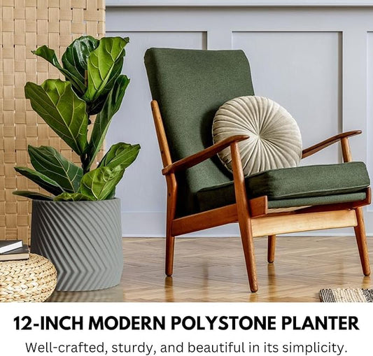 Fox & Fern Large Indoor Planter, Modern Large Plant Pot for Indoor or Outdoor, UV and Frost Resistant - 12 Inch, Matte Gray Flower Pot with Drainage Plug, 3D Printed Design
