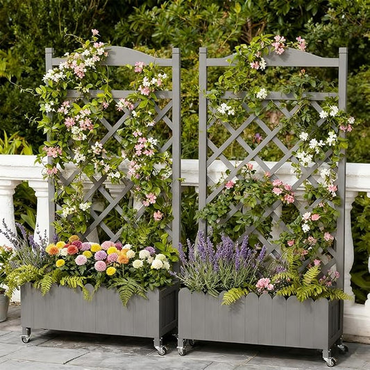 COMHOMA 2 Pack Planter Box with Trellis and Wheels, 48In Elevated Raised Garden Bed, Drainage Holes, Outdoor Lattice for Climbing Flowers, Vegetables, Patio Balcony, Gray