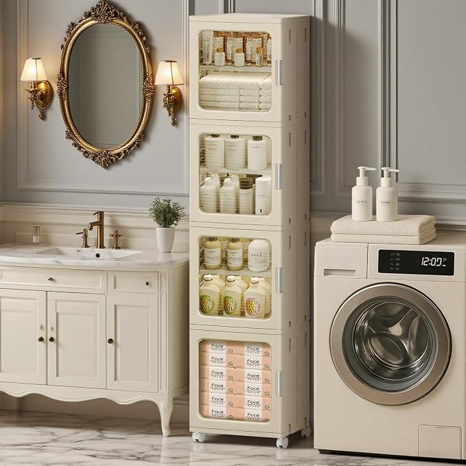 4-Tier Tall Narrow Bathroom Storage Cabinet for Small Space,Beige | Quick Assembly,Foldable,Plastic Organizers,Magnetic Doors,Adjustable Shelves,Slim Storage Cabinet,Wheels