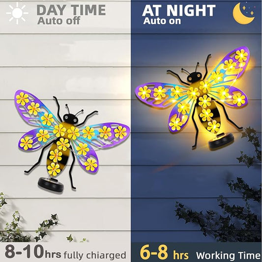 2 Pack Metal Bee Outdoor Wall Decor with 30 Led Solar Lights- 13.8" Outdoor Fence Wall Art Decor, Gift for Mom Grandma Women Birthday Gardening,Hanging Decoration for Garden Patio Porch Yard