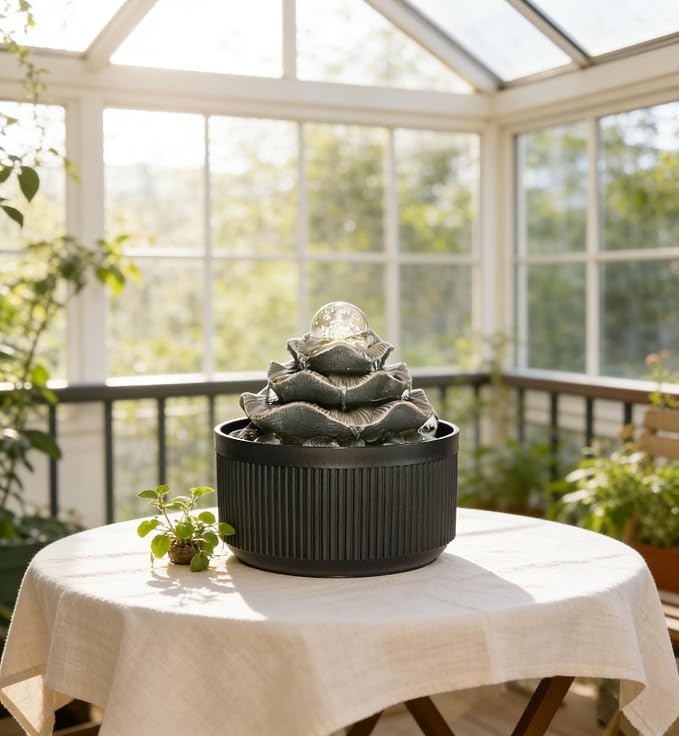 Indoor Tabletop Water Fountain - 3-Tier Lotus Leaf Design Waterfall with Warm Glowing LED & Rotating Ball, Zen Home Decor for Living Room Bedroom, Unique Housewarming Gift Idea