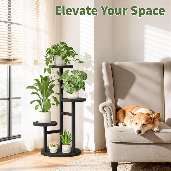LASZOLA 3 Tiered Wood Plant Stand Indoor Corner, Flower Holder Rack Tall for Multiple Plants, Rustic Planter Shelf Display for Patio Garden Balcony Living Room, Black