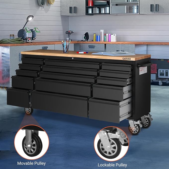 Garvee 72-Inch Heavy-Duty Rolling Tool Chest & Mobile Workbench with 15 Drawers, Rubber Wood Tabletop, Key Locking System, Drawer Liners and Wheels, Steel Storage Cabinet for Garage, Workshop