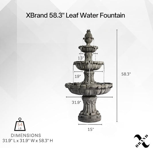XBrand Large Outdoor Electric Bird Bath Fountain 58.3", 3-Tier Garden Water Fountain with Pump, Classic Leaf Design, Gray Resin Floor Fountain for Yard, Lawn, Patio & Porch