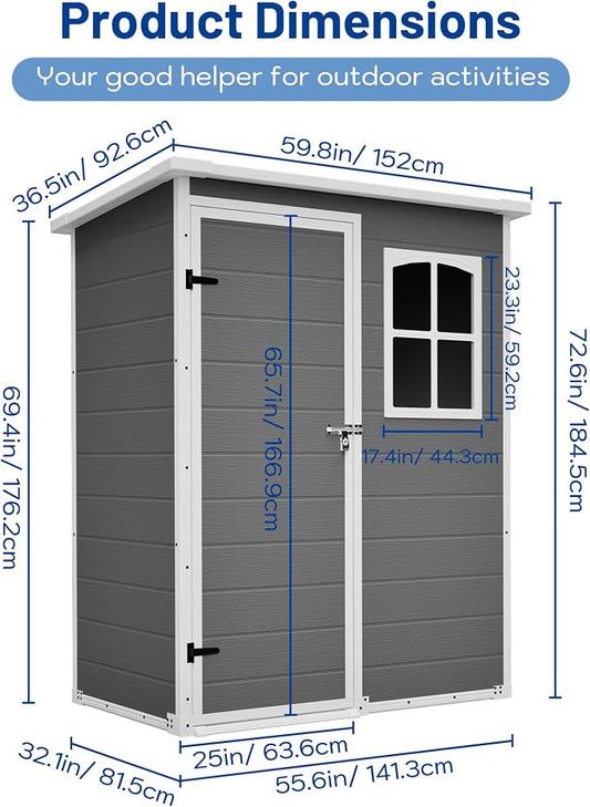 PVWIIK 5x3 ft Resin Outdoor Storage Shed with Floor & Window, Lockable Waterproof All-Weather Utility Shed for Garden Tools & Trash Bins, Gray-White