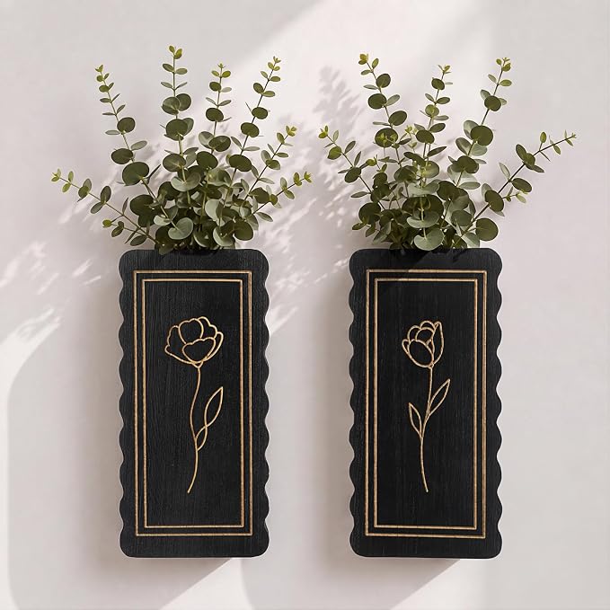 2 Pack Wooden Wall Planter Vase, Scalloped Farmhouse Wall Decor with Floral Line Art, Rustic Hanging Pockets for Faux Flowers, Living Room, Bathroom, Entryway(Black)