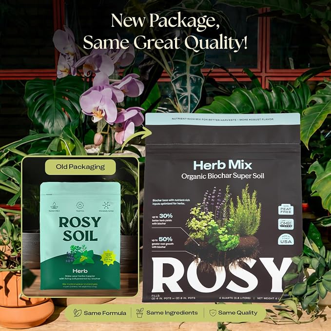 Rosy Soil Herb Mix, Organic Indoor and Outdoor Herb Potting Soil, 4 Quarts | Biochar, Worm Castings, Mycorrhizae Blend, Peat-Free, Fast Draining, for Basil, Cilantro, Lavender, Thyme, Mint, Rosemary