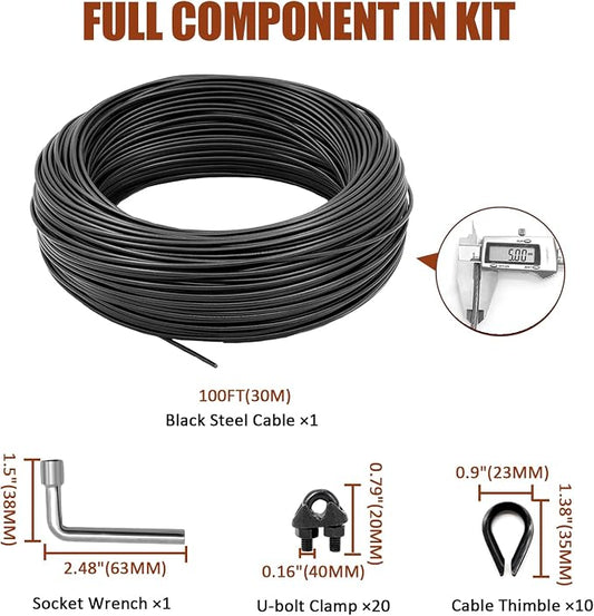 String Light Hanging Kit Outdoor, All-Black Globe String Lights Suspension Kit w/ 100FT PVC Coated Steel Cable & Enough Accessories, Guide Wire for String Light, Patio Light, Camping Light