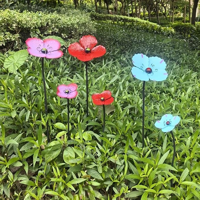 2 Pack Art Deco Metal Poppy Garden Stakes, Iron Flower Decorative Garden Stakes for Outdoor, Flower Theme for Patio, Pathway, Yard and Garden Decor (Red)