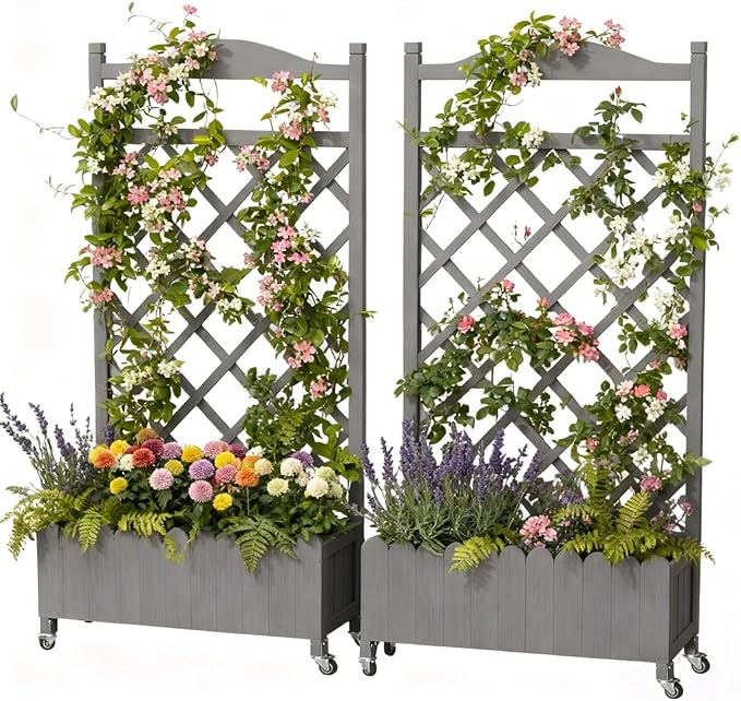COMHOMA 2 Pack Planter Box with Trellis and Wheels, 48In Elevated Raised Garden Bed, Drainage Holes, Outdoor Lattice for Climbing Flowers, Vegetables, Patio Balcony, Gray