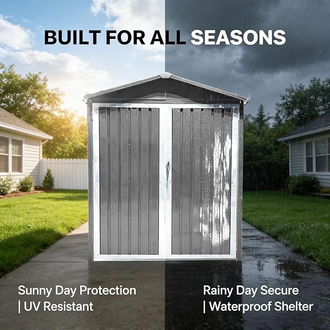 Outdoor Metal Storage Shed with Window,10x6.64 FT Motorcycle Storage Shed, Waterproof Heavy Duty Outdoor Storage for Garden Tools Sports Equipment,No Tracks & Fixtures,Grey+White