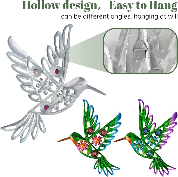 2 Pack Metal/Glass Hummingbird Wall Decor, 12.4" Outdoor Fence Wall Art Decor, Wall Sculpture Hanging Decoration Perfect for Garden Yard Living Room Bedroom Patio Balcony