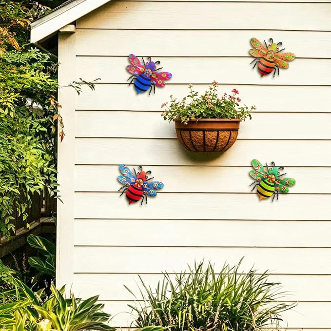 VOKPROOF Metal Bee Wall Art Decor, Outdoor Fence Decor for Patio Yard Garden, Hanging Decorations for Living Room, Bedroom(4 Pack)
