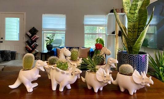 Ceramic Succulent Plant Pot Cactus Plant Pot Flower Pot Container Planter with Drainage Hole Home Office Desk Garden Gift Idea Animal Shaped Flower Pot Cute Vase Pot (4pcs Dinosaur)