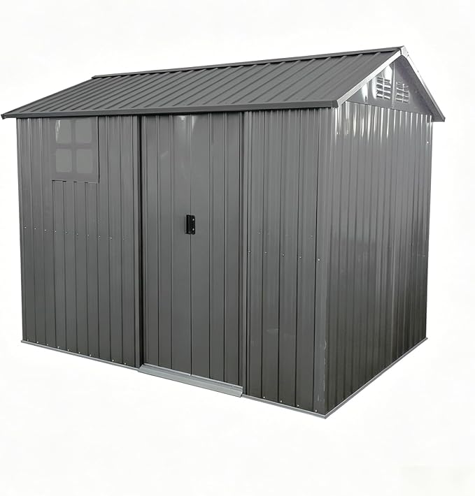 8x6 FT Outdoor Storage Shed,Galvanized Steel Heavy Duty Metal Tool Shed with Window & Vents,Sliding Door,Weatherproof Utility Shed for Backyard Patio Lawn,Gray