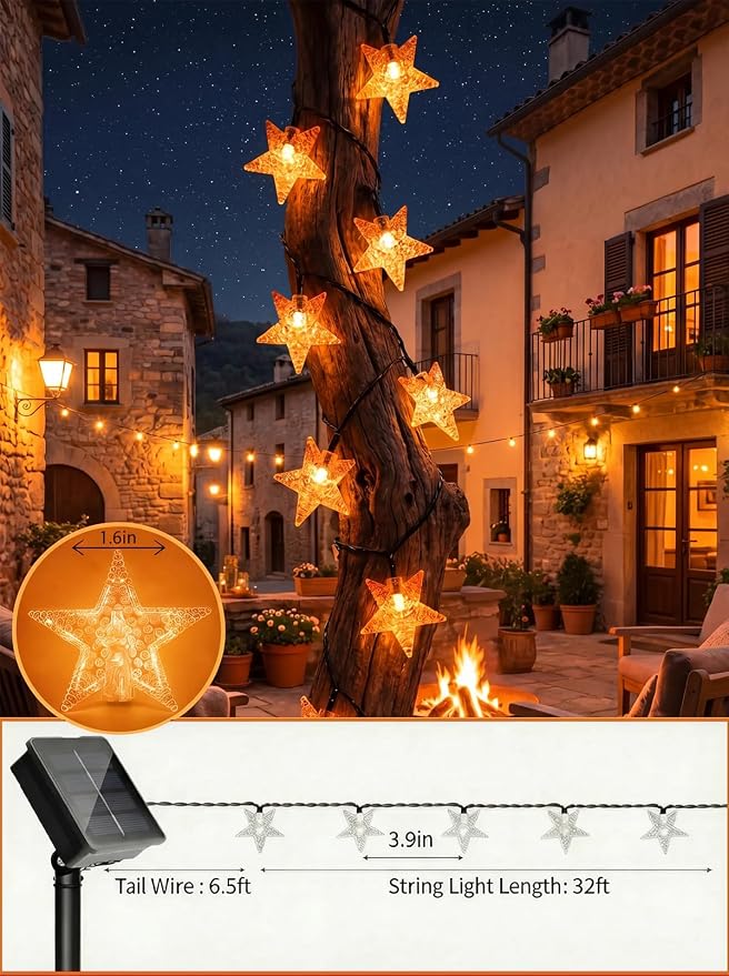 Twinkle Solar Star String Lights Outdoor Waterproof 39FT/100L Fairy Lights | 8 Modes Camping Garden Wedding Party Tree Holidays Backyard Patio Orange