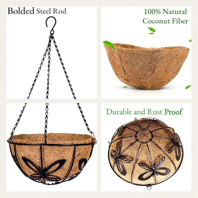 Kingbuy Metal Hanging Basket for Plant Planter with Coconut Fiber Liner Chain Wire Holder 12 Inch Flower Pot Indoor Outdoor Patio Lawn Garden Decor, Butterfly Pattern, 2 Pack